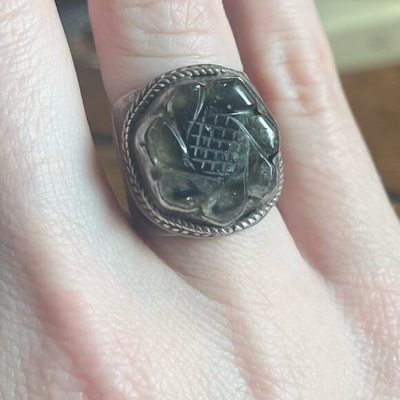 Vintage Carved Pale Green Flower Stone Wide Band Chunky 925 Sterling Silver Ring - Picture 2 of 14